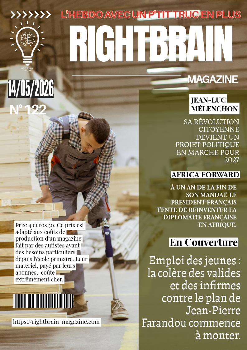 A man in work clothes measures a plank in a workshop. Magazine text, with modern fonts, covers "Emploi des jeunes : la colĂšre des valides et des infirmes contre le plan de Jean-Pierre Farandou commence Ă monter.
