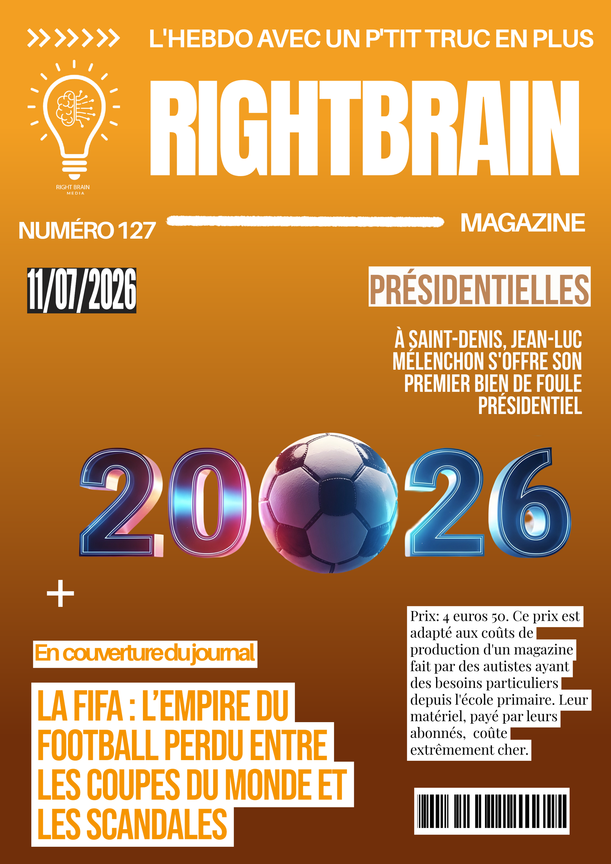 A vibrant orange cover titled "la FIFA : l’empire du football PERDU entre LES COUPES DU MONDE et LES scandales" features a soccer ball amid colorful 2026 numbers, with headlines on presidential news and FIFA scandals, highlighting World Cup trophies.
