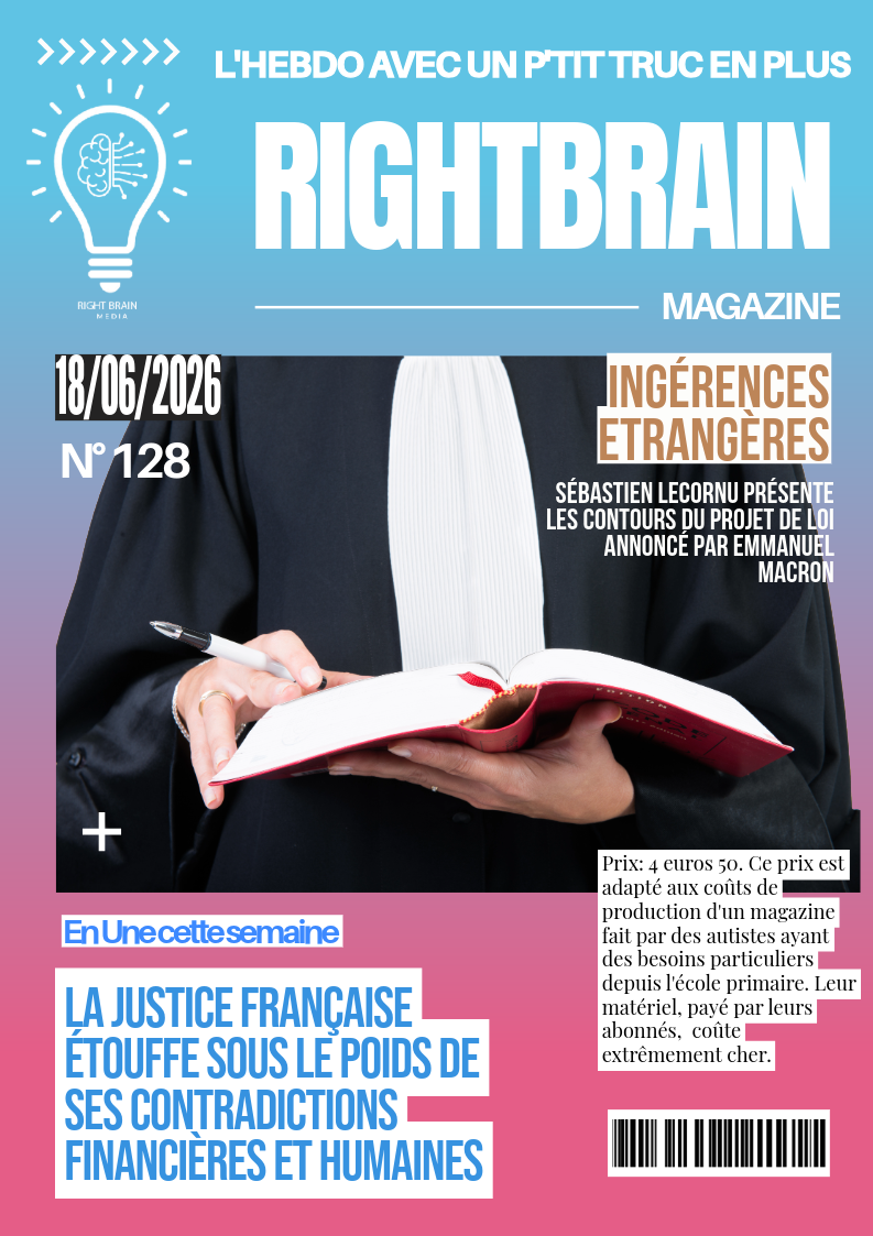 Cover of Rightbrain Magazine, issue 128 (June 18, 2026): Features a judge in black robe with open legal book. Headlines include "La justice française étouffe sous le poids de ses contradictions financières et humaines." Striking color palette.