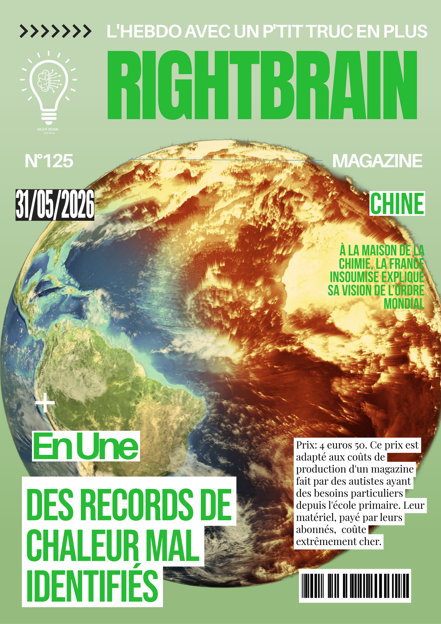 Cover of RIGHTBRAIN magazine, dated 31/05/2026, features "L’HEXAGONE FACE AUX NOUVELLES URGENCES CLIMATIQUES: QUAND LES RECORDS TOMBENT ET LES CERTITUDES VACILLENT" and a fiery Earth illustration. Headlines discuss heat records and rising material costs.
