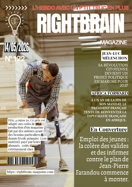 A man in work clothes measures a plank in a workshop. Magazine text, with modern fonts, covers "Emploi des jeunes : la colère des valides et des infirmes contre le plan de Jean-Pierre Farandou commence à monter.