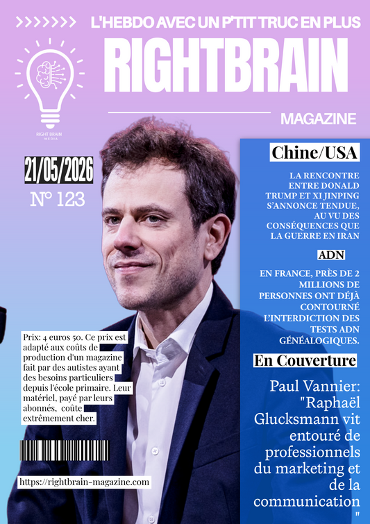 A magazine cover titled “Paul Vannier : « Chez nous, c'est carré, on a un programme de rupture depuis 10 ans. Il est travaillé et enrichi »” features blue-purple hues, bold text blocks, and a lightbulb icon in the top left. Headlines address politics and innovation.